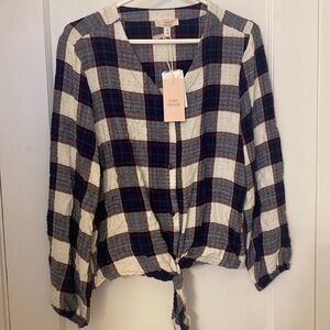 Plaid front button blouse with front tie